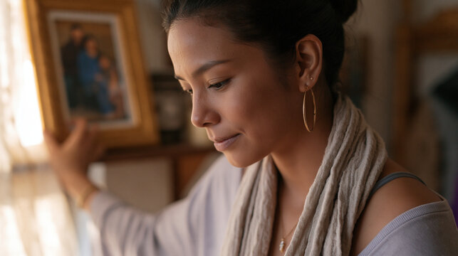 Filipino domestic abuse survivor unpacking her first personal apartment, placing a single framed family photo on an otherwise empty shelf, the small room spare but hers, afternoon