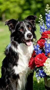 Border Collie Beside Patriotic Flowers in Outdoor Setting - A happy border collie sits next to a colorful arrangement of red roses, blue delphiniums, and white hydrangeas.