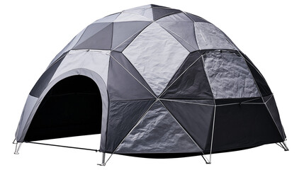 Geodesic dome tent with geometric panels and arched entrance © Fried