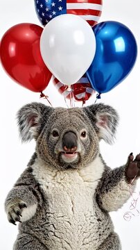 Smiling Koala With Patriotic Balloons - A smiling koala bear stands against a white background holding a bunch of red, white, and blue balloons, including one with a patriotic star pattern.