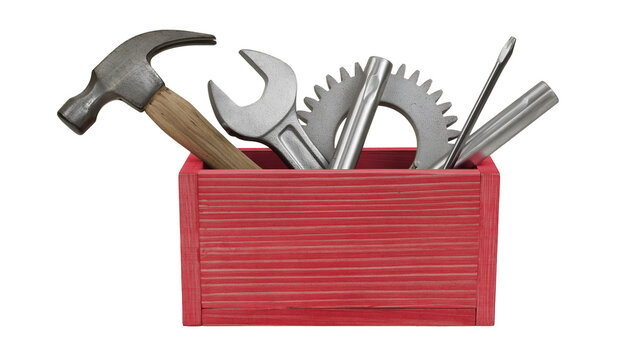 Red toolbox with hammer wrench screwdriver, and gear