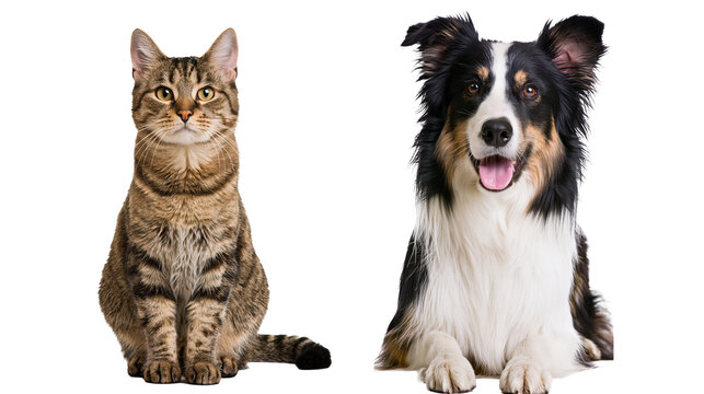 Tabby cat and tricolor dog sitting side by side