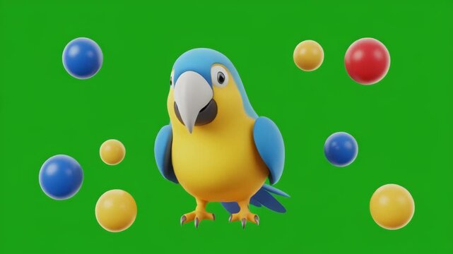 Blue and yellow macaws animated in a repeating pattern with colorful spheres on a green background