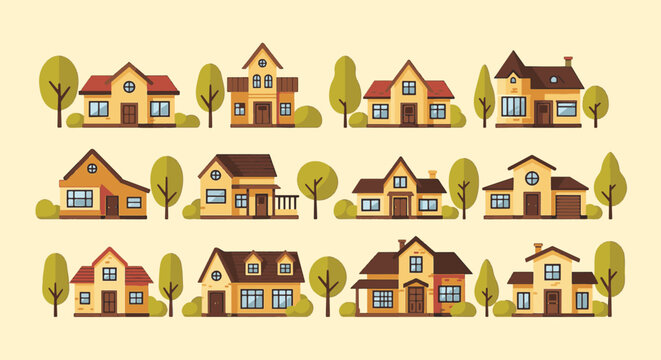 Flat vector set of 12 small suburban houses and residential buildings with green trees and bushes on a light cream background, architectural icons for maps and town planning.