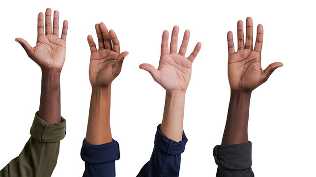 Four diverse hands raised upwards, showing different skin tones and clothing