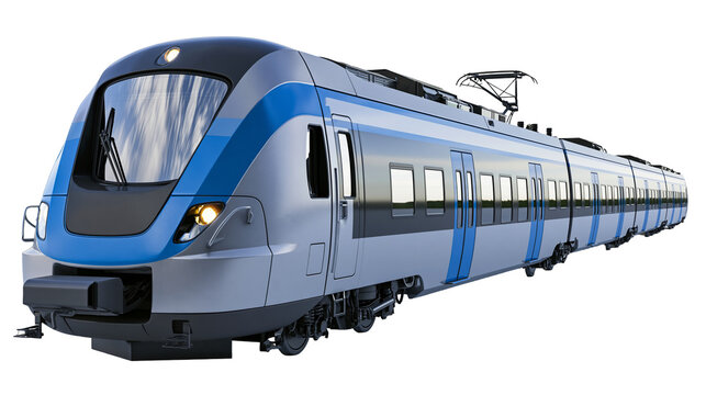 Modern high-speed passenger train with blue and silver livery