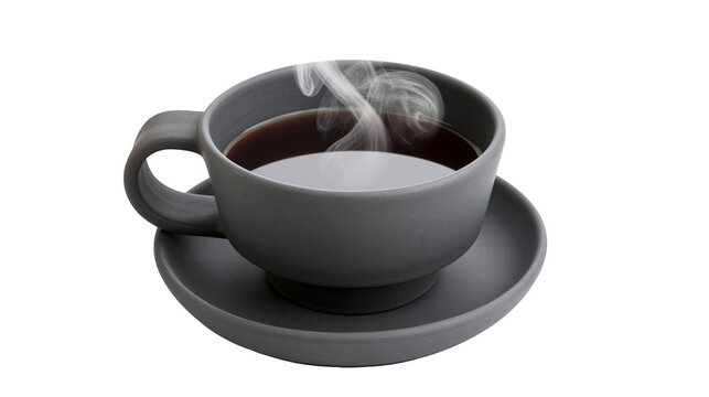 Dark gray ceramic cup with hot coffee and steam