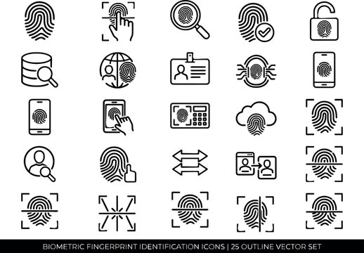 Biometric Fingerprint Identification Icons 25 Outline Vector Set Scan Magnifier Globe Database Keypad Mobile Cloud Arrow ID Card