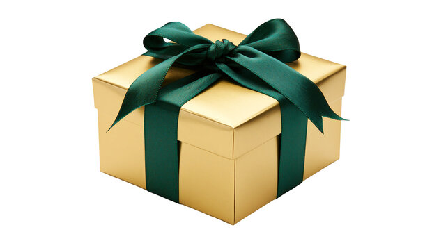 Gold gift box with dark green ribbon and bow