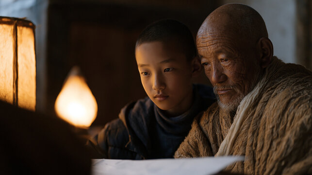 Tibetan teenage boy in Western clothing secretly watching elder uncle weave traditional pattern by lamplight, caught between worlds, cultural shame and curiosity, identity