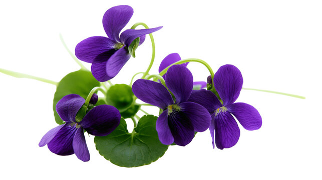 Purple violets with green leaves on white