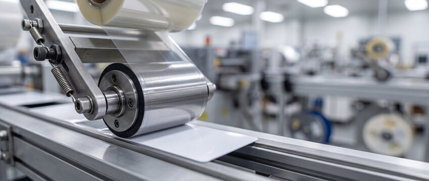 Industrial laminating machine applying protective film to cards on conveyor in modern production facility