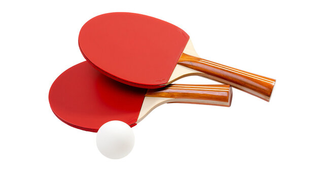 Two red ping pong paddles and white ball
