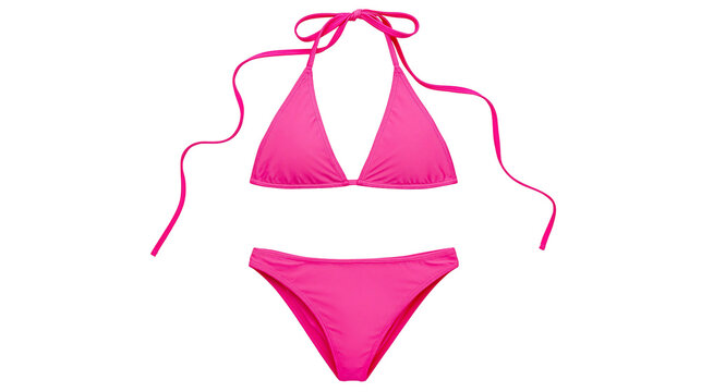 Hot pink triangle bikini set with halter neck top and brief bottoms