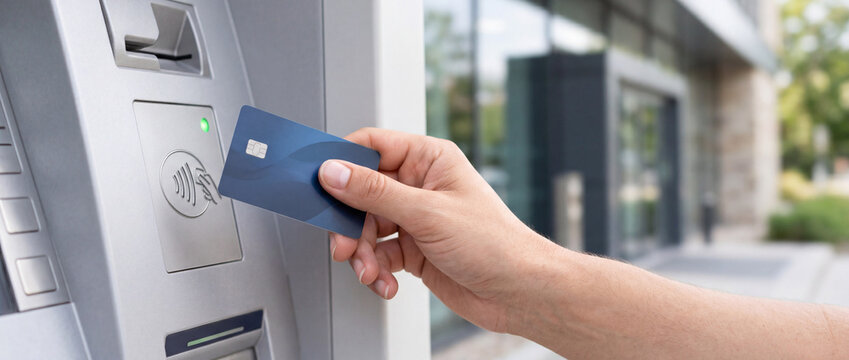 Contactless card payment at atm machine with hand holding blue credit card outdoors