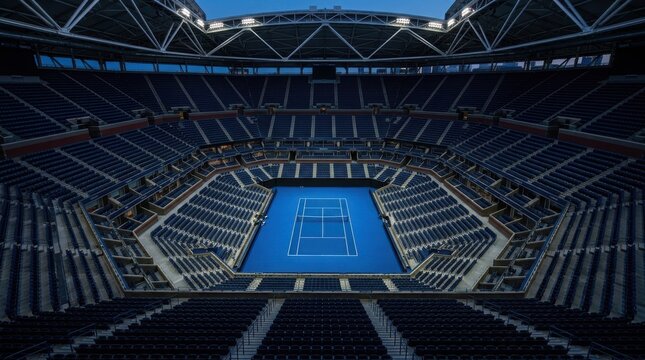 Empty tennis stadium with blue hard court and stadium lights at dusk