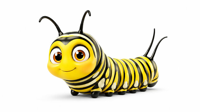 Cute Cartoon Monarch Caterpillar Character, Pixar Style 3D Illustration, White Background