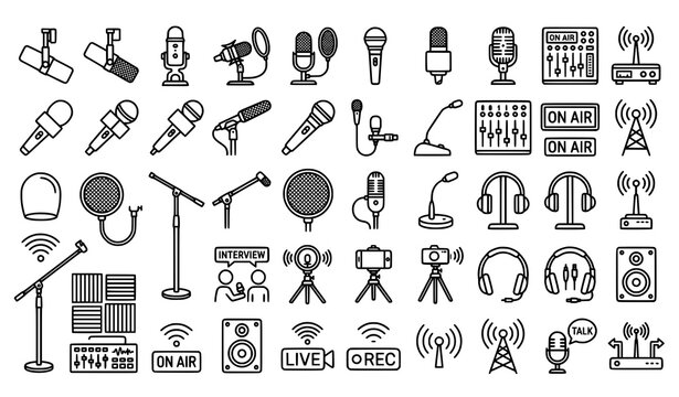 Creative microphone outline vector icon set with podcast radio broadcasting and karaoke symbols