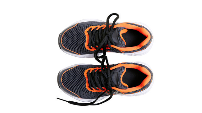 Dark grey and orange mesh athletic shoes with black laces