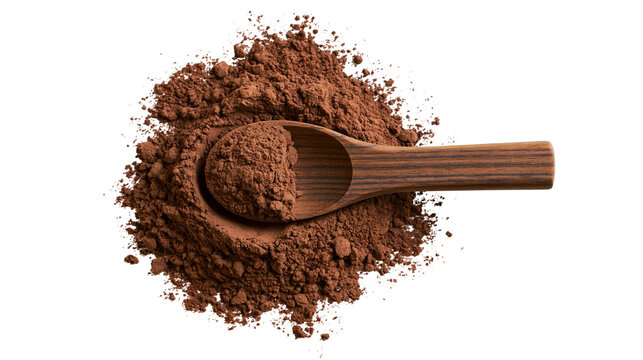Wooden spoon filled with cocoa powder on pile of powder