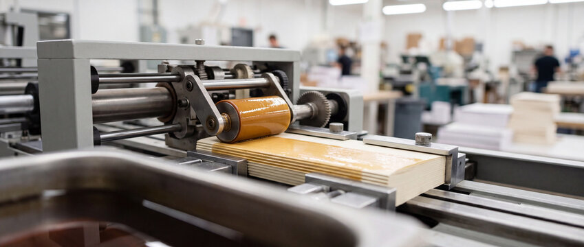 Industrial printing machine applying adhesive to book covers on a production line in factory