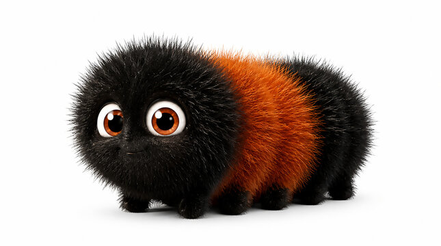 Fluffy Woolly Bear Caterpillar Cartoon Character, Pixar 3D Style, White Background