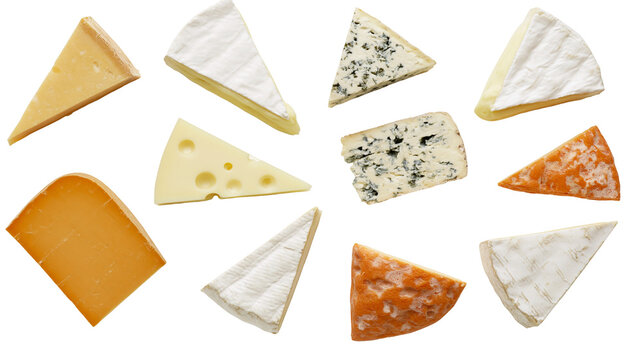 Assortment of cheese wedges including brie blue cheese swiss, and cheddar