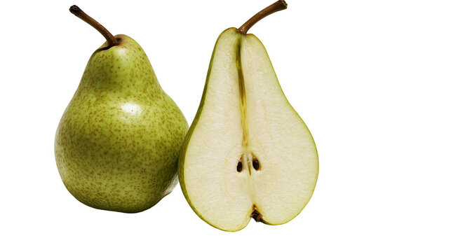 Green pear whole and halved showing seeds and flesh