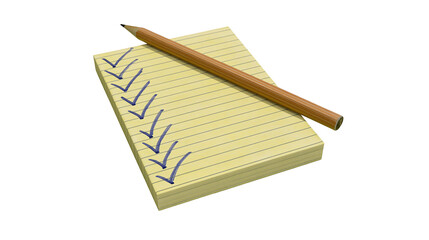 Yellow legal pad with blue checkmarks and wooden pencil © Fried