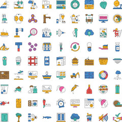 Fototapeta premium Large set of colorful outline icons illustrating a wide range of subjects, from technology and business to nature and daily life, symbolizing diverse themes and industries
