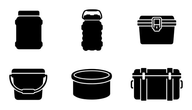 6 Container icons, jar, bottle, box, bucket, case, storage, outline solid styles, UI and web interface design