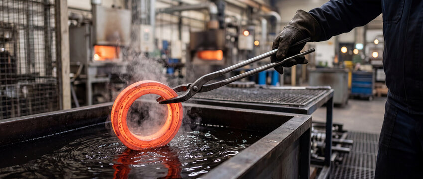 Worker quenching a glowing forged metal ring in an industrial heat treatment process