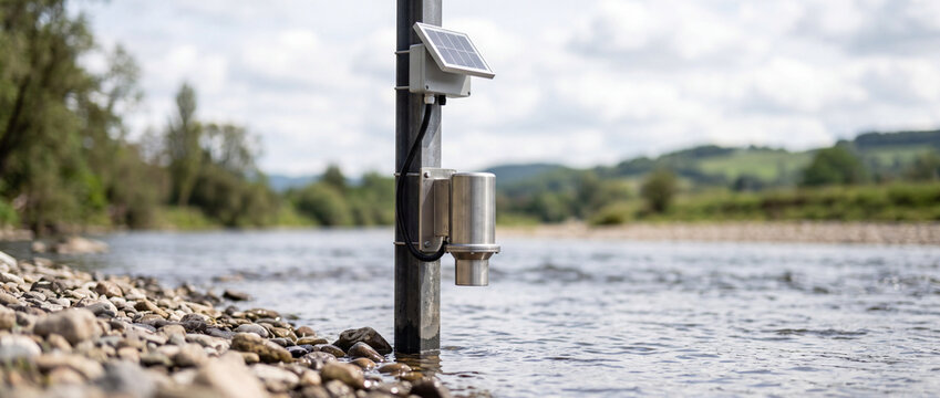 Solar-powered water level sensor on riverbank for environmental monitoring and flood measurement