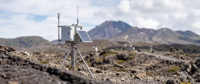 Volcanic landscape monitoring station with solar sensors on remote mountain plateau for environmental research
