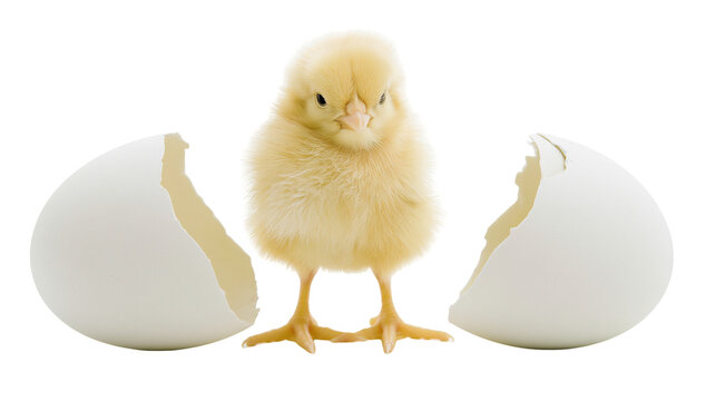Fluffy yellow chick emerging from cracked white eggshell
