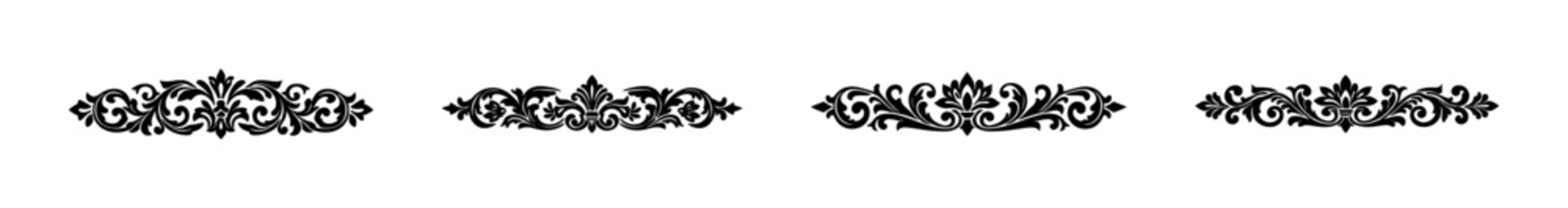 Elegant black ornamental dividers with swirling floral patterns and leaf motifs