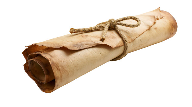 Rolled old parchment scroll tied with rough twine