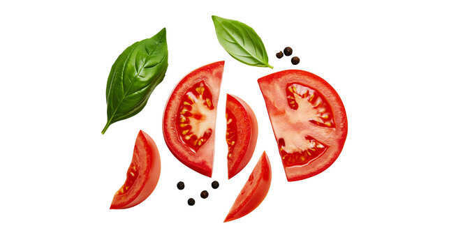 Fresh tomato slices with basil leaves and peppercorns