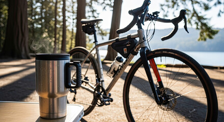 Fototapeta premium Travel mug beside parked bicycle