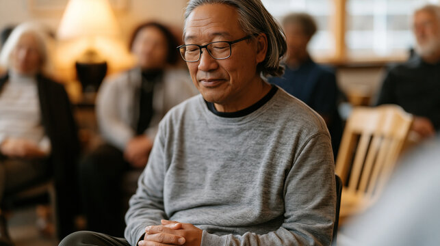 Vietnamese widower attending a grief support circle in a community center, seated in a ring of mismatched chairs with others of varied ages, his hands folded and eyes downcast but