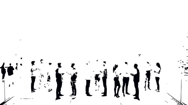 Diverse group of people gathered, standing and talking, minimalist black and white silhouette style
