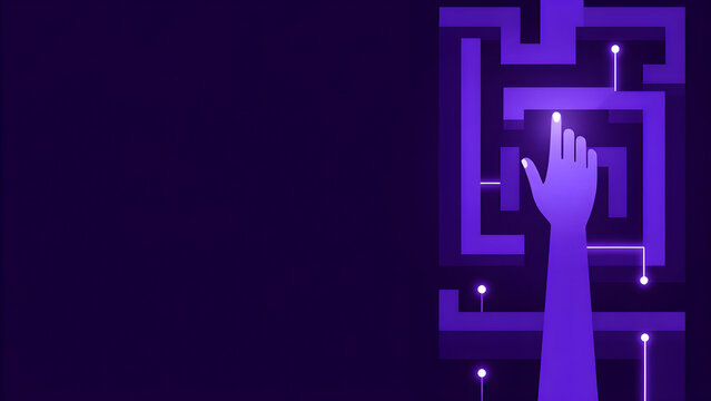 Stylized hand navigating a technology maze on purple background
