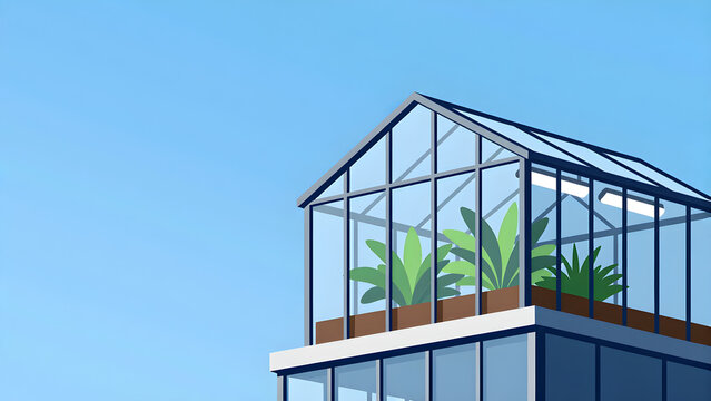 Minimalist vector illustration of modern rooftop greenhouse with plants