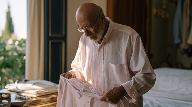 Lebanese man in his sixties with a chronic pain condition choosing clothes deliberately each morning, each movement slow and considered, a pill case and heating pad on the