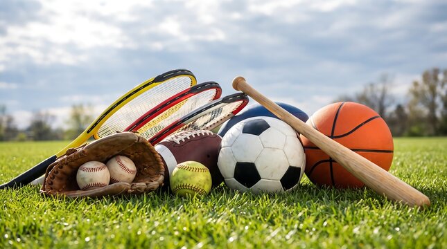 Sports equipment on green grass field