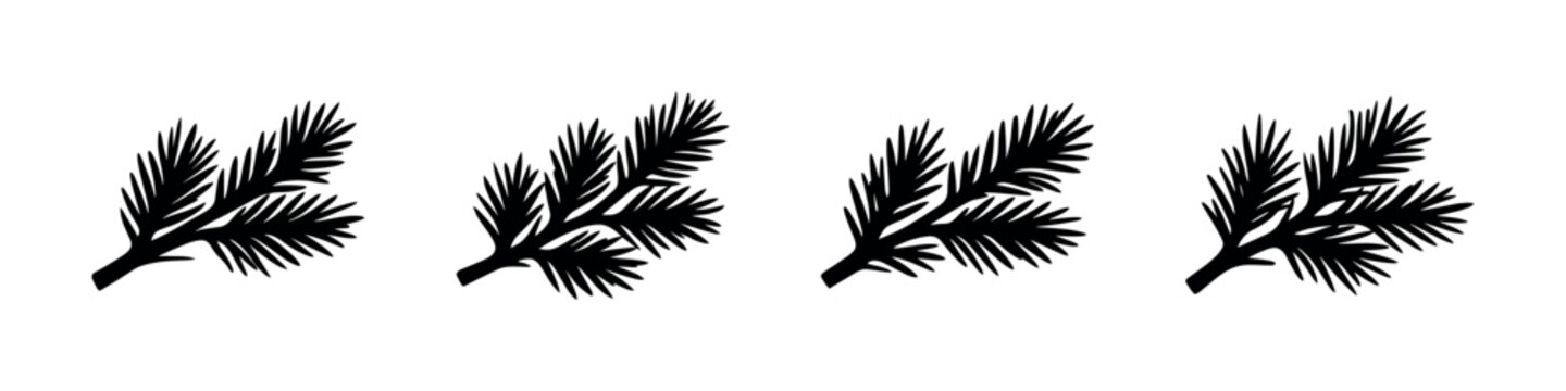 Set of four black silhouette pine branches on a white background