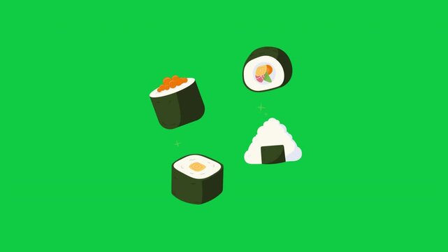 Animated Seamless Loop of Floating Sushi and Onigiri, 2D Vector Japanese Food Pattern on Green Screen