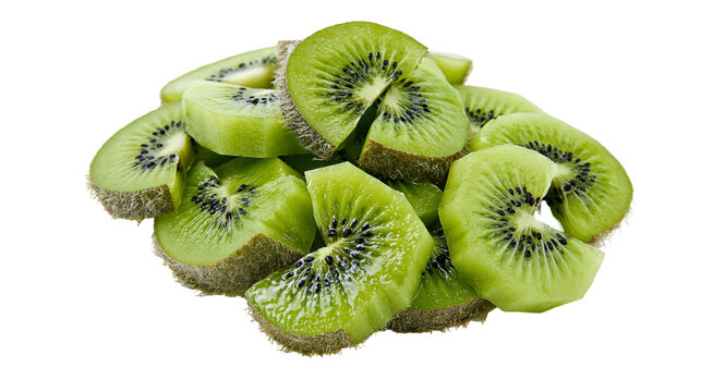 Pile of sliced kiwi fruit with fuzzy brown skin