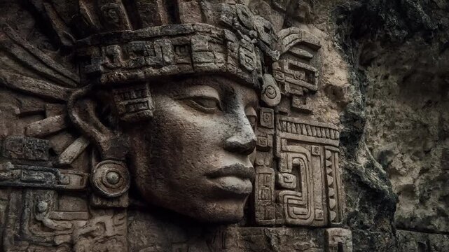Maya Aztec civilization, Mexico culture. Mysterious, fantasy. A detailed stone carving of a human face, intricately carved with geometric patterns and symbols. The face is the central focus.