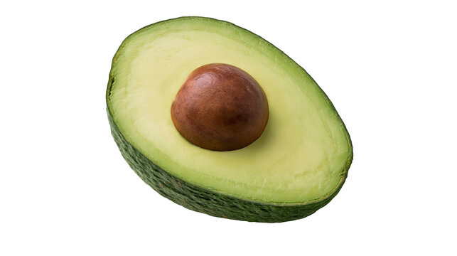 Half avocado with large brown seed and textured green skin